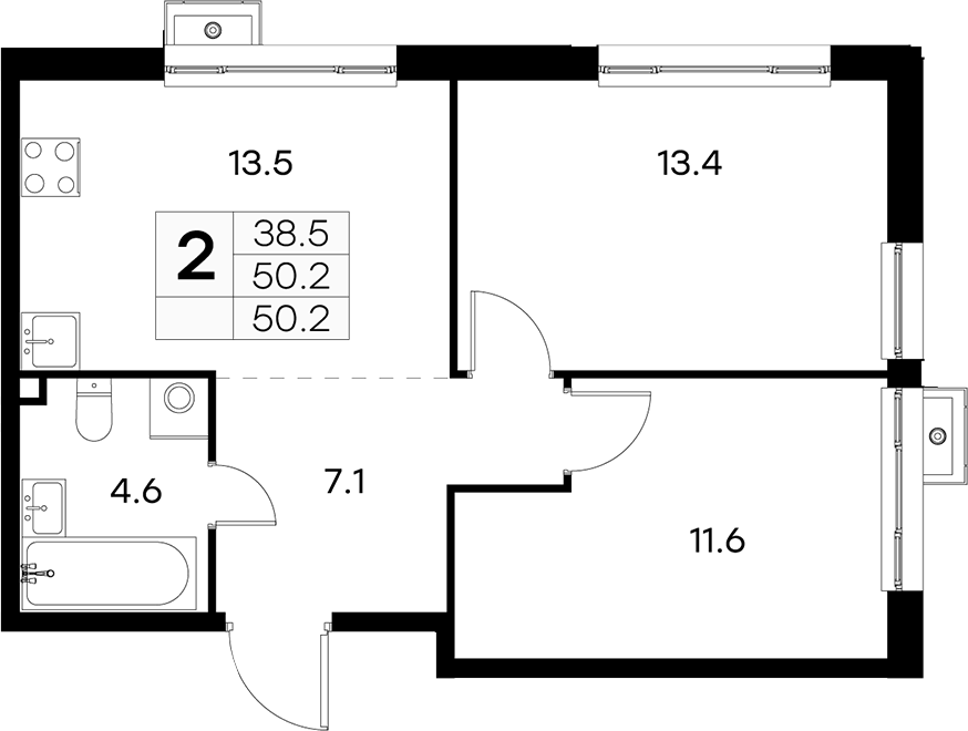 Планировка двухкомнатная 50.2 м² в ЖК «Куркино 15», корпус 2