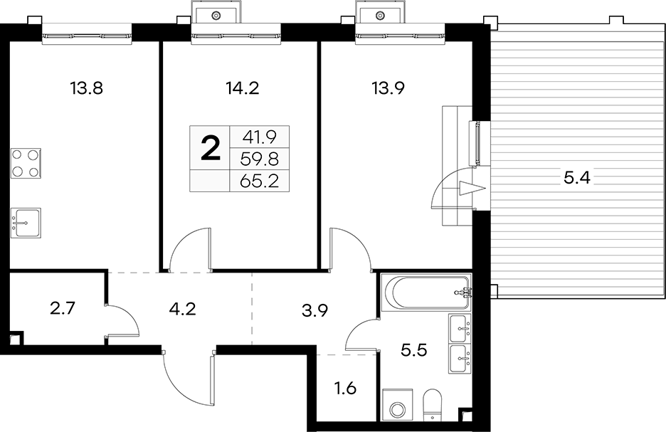 Планировка двухкомнатная 65.2 м² в ЖК «Куркино 15», корпус 1