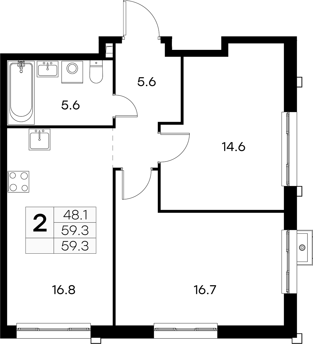Планировка евротрёшка (3Е) 59.3 м² в ЖК «Куркино 15», корпус 1