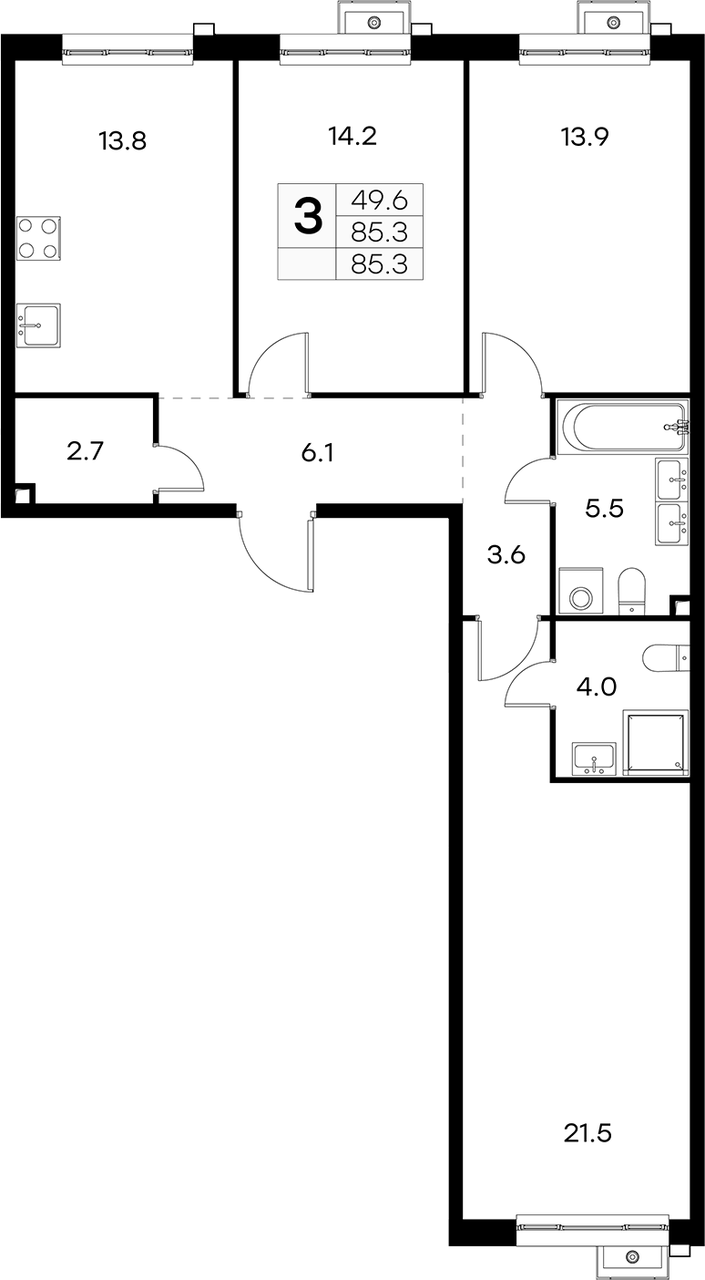 Планировка трёхкомнатная 85.3 м² в ЖК «Куркино 15», корпус 1