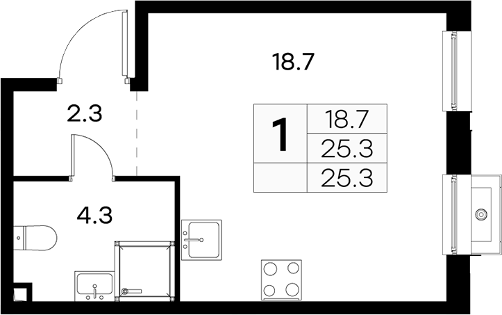Планировка Студии 25.3 м² в ЖК «Куркино 15», корпус 2