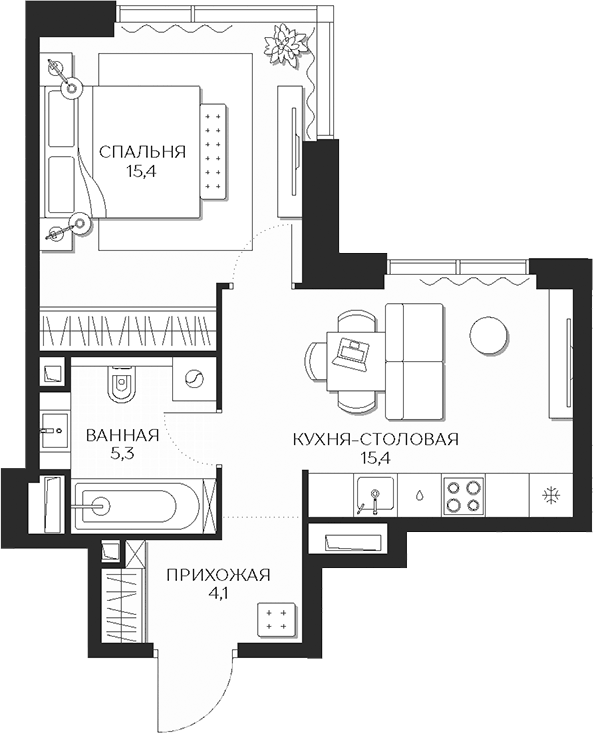 Планировка однокомнатная 40.2 м² в ЖК «Кутузов Сити», корпус 2 Равновесие