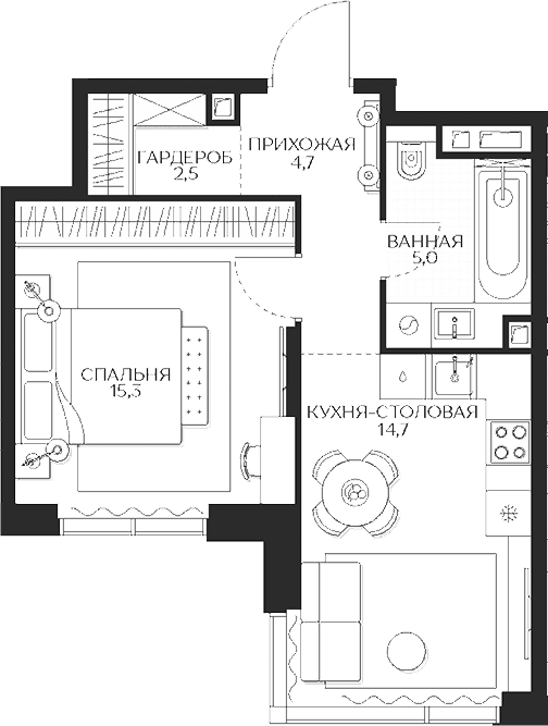 Планировка однокомнатная 42.2 м² в ЖК «Кутузов Сити», корпус 1 Гармония