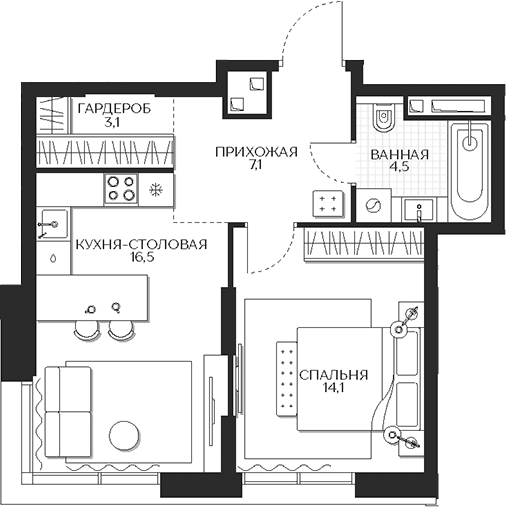 Планировка однокомнатная 45.3 м² в ЖК «Кутузов Сити», корпус 3 Созидание