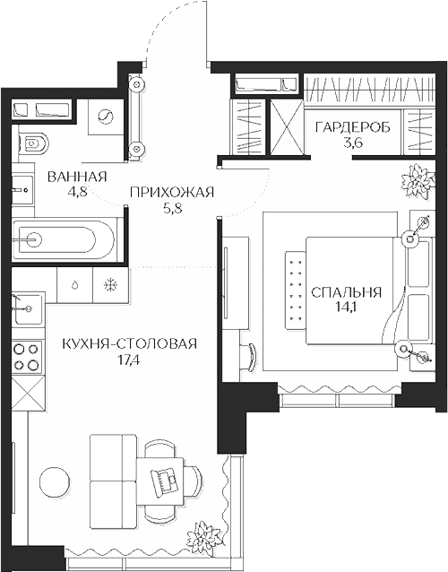 Планировка евродвушка (2Е) 45.6 м² в ЖК «Кутузов Сити», корпус 2 Равновесие