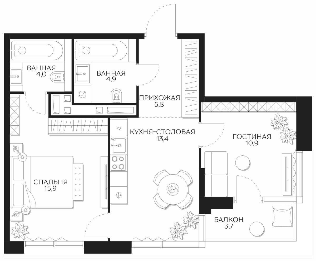 Планировка двухкомнатная 58.5 м² в ЖК «Кутузов Сити», корпус 3 Созидание