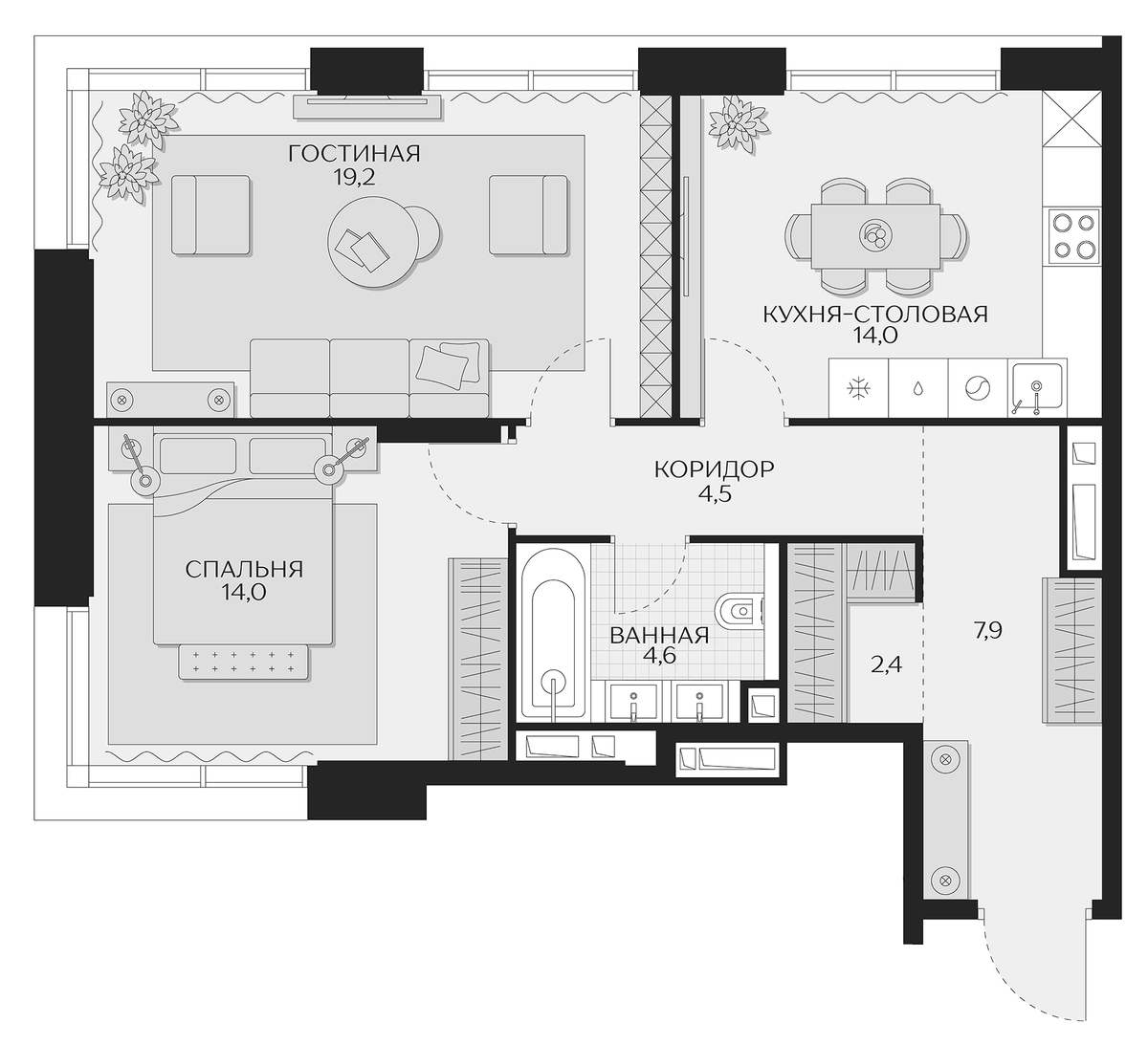 Планировка двухкомнатная 66.6 м² в ЖК «Кутузов Сити», корпус 3 Созидание