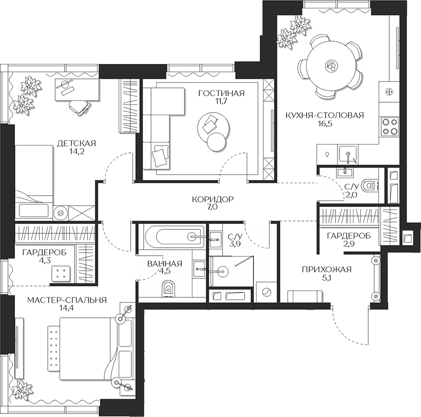 Планировка трёхкомнатная 86.5 м² в ЖК «Кутузов Сити», корпус 1 Гармония