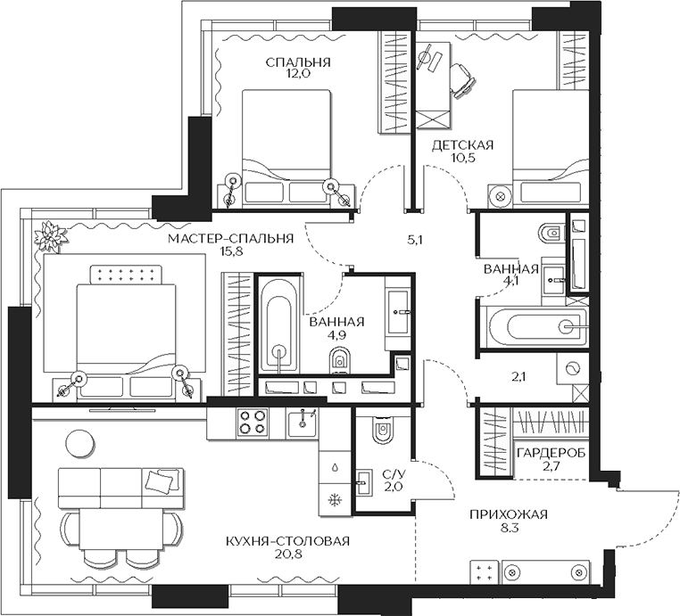 Планировка евро-4 (4Е) 88.3 м² в ЖК «Кутузов Сити», корпус 3 Созидание