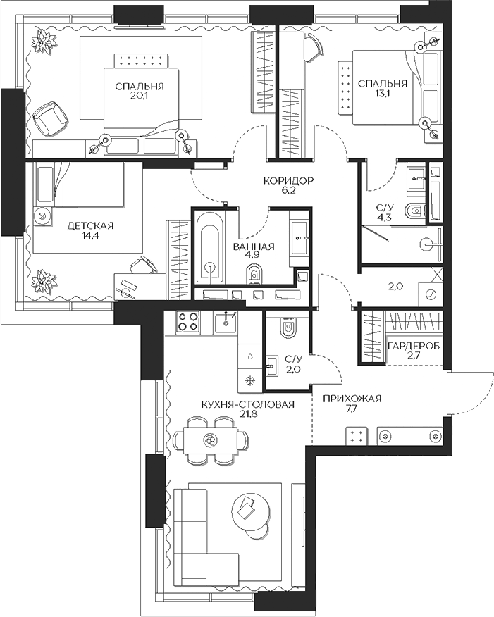 Планировка евро-4 (4Е) 99.2 м² в ЖК «Кутузов Сити», корпус 3 Созидание