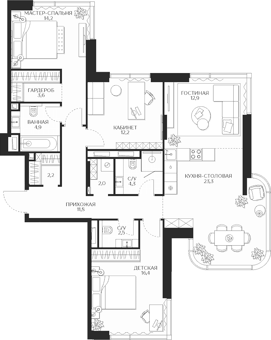 Планировка четырёхкомнатная 110.3 м² в ЖК «Кутузов Сити», корпус 2 Равновесие