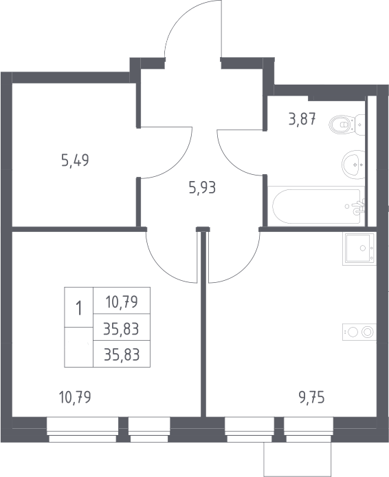 Планировка однокомнатная 35.83 м² в ЖК «Квартал Авиаторов», корпус 2