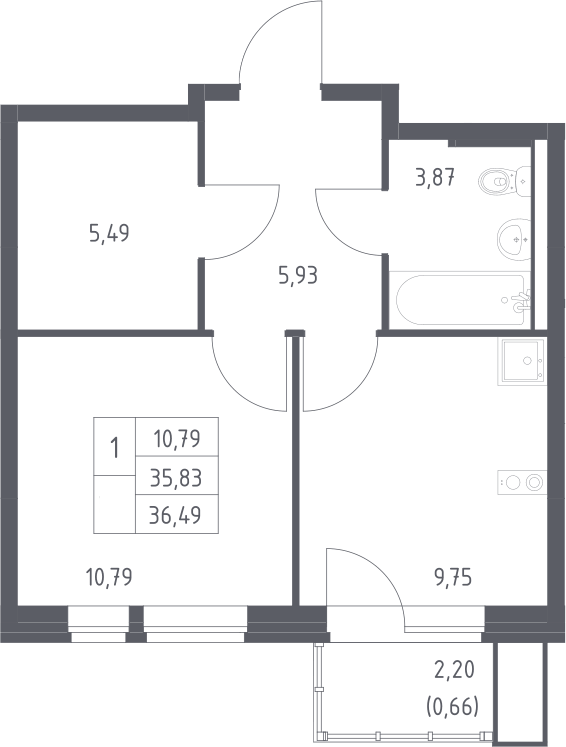Планировка однокомнатная 36.49 м² в ЖК «Квартал Авиаторов», корпус 2
