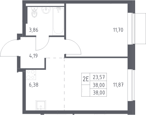 Планировка евродвушка (2Е) 38 м² в ЖК «Квартал Авиаторов», корпус 4