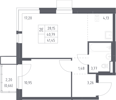 Планировка евродвушка (2Е) 41.45 м² в ЖК «Квартал Авиаторов», корпус 3