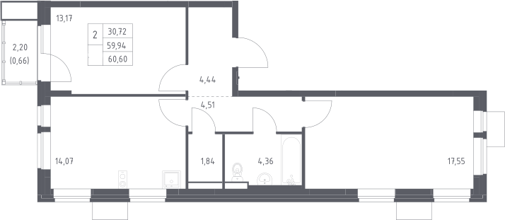 Планировка двухкомнатная 60.6 м² в ЖК «Квартал Авиаторов», корпус 3