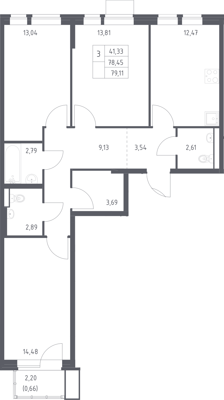 Планировка трёхкомнатная 79.11 м² в ЖК «Квартал Авиаторов», корпус 2