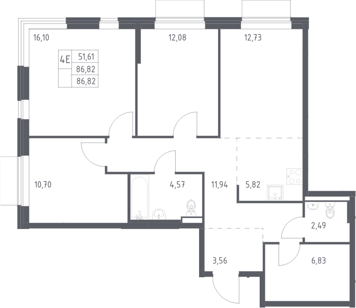 Планировка евро-4 (4Е) 86.82 м² в ЖК «Квартал Авиаторов», корпус 4