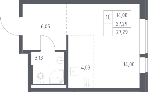 Планировка Студии 27.29 м² в ЖК «Квартал Авиаторов», корпус 7