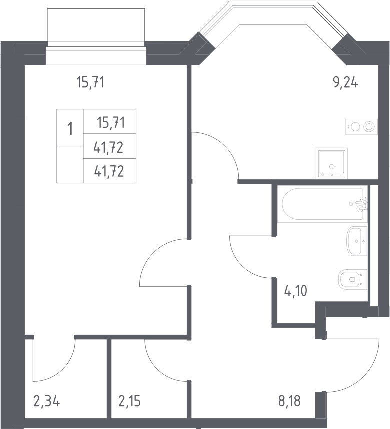 Планировка однокомнатная 41.72 м² в ЖК «Квартал Домашний», корпус 2