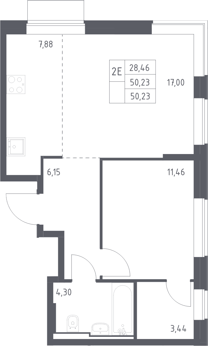 Планировка евродвушка (2Е) 50.23 м² в ЖК «Квартал Домашний», корпус 2
