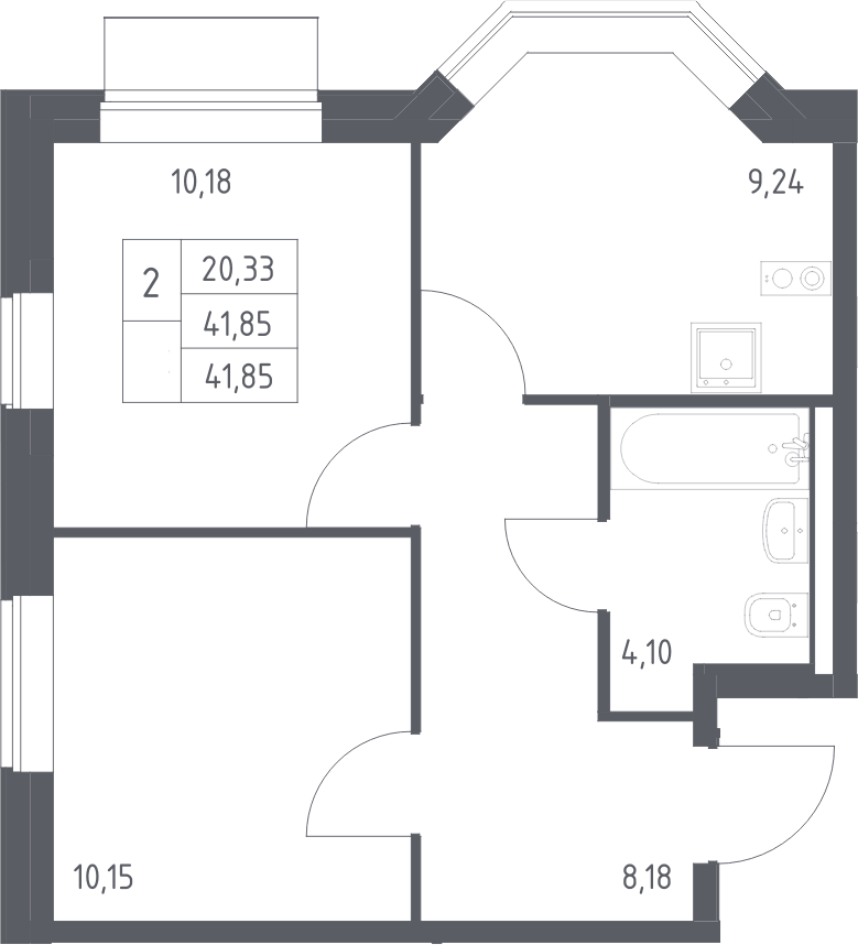 Планировка двухкомнатная 41.85 м² в ЖК «Квартал Домашний», корпус 2