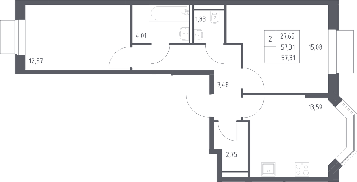 Планировка двухкомнатная 57.31 м² в ЖК «Квартал Домашний», корпус 2