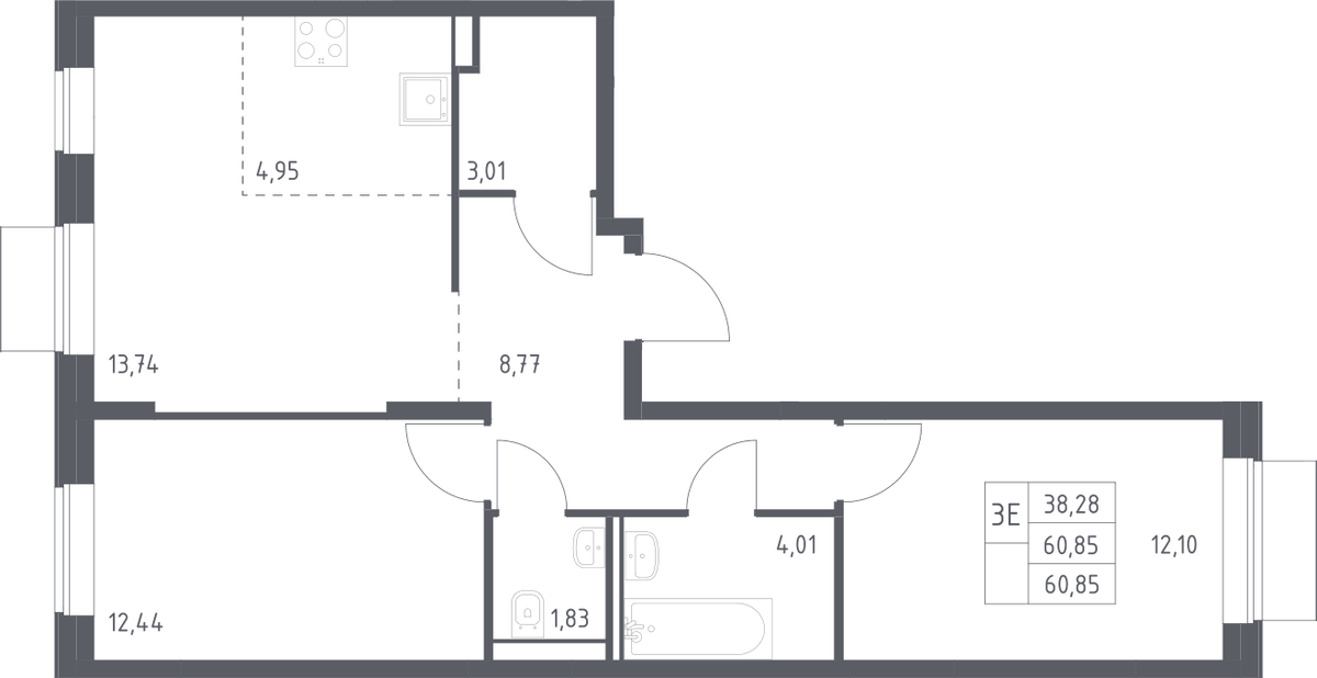 Планировка евротрёшка (3Е) 60.85 м² в ЖК «Квартал Домашний», корпус 2