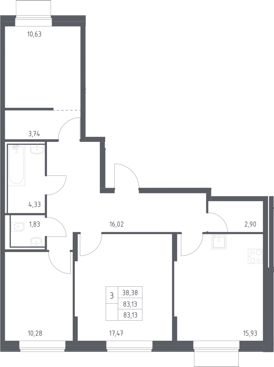 Планировка трёхкомнатная 83.13 м² в ЖК «Квартал Домашний», корпус 2