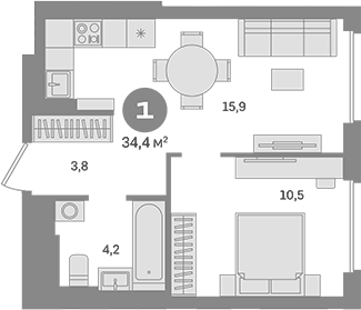 Планировка однокомнатная 34.4 м² в ЖК «Квартал Герцена», корпус 2