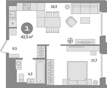 Планировка однокомнатная 42.5 м² в ЖК «Квартал Герцена», корпус 1