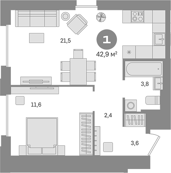 Планировка однокомнатная 42.9 м² в ЖК «Квартал Герцена», корпус 2