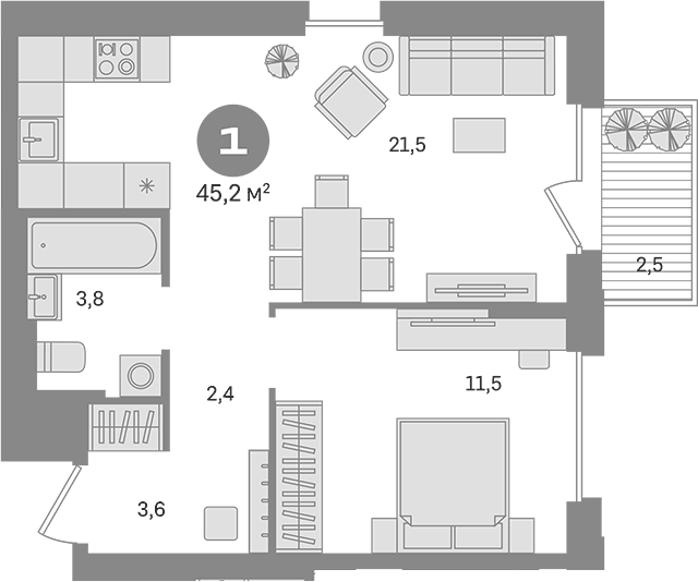 Планировка однокомнатная 45.2 м² в ЖК «Квартал Герцена», корпус 2