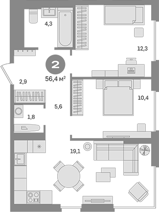 Планировка двухкомнатная 56.4 м² в ЖК «Квартал Герцена», корпус 2