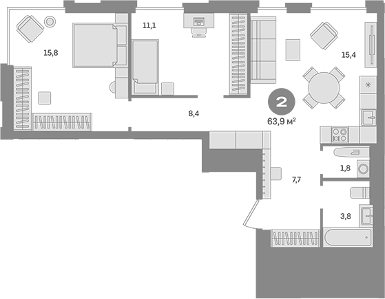 Планировка двухкомнатная 63.9 м² в ЖК «Квартал Герцена», корпус 2