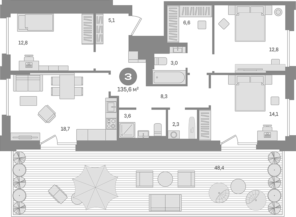 Планировка трёхкомнатная 135.6 м² в ЖК «Квартал Герцена», корпус 1