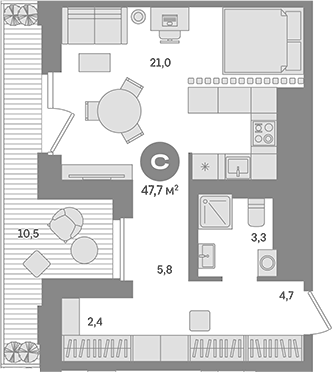 Планировка Студии 47.7 м² в ЖК «Квартал Герцена», корпус 1