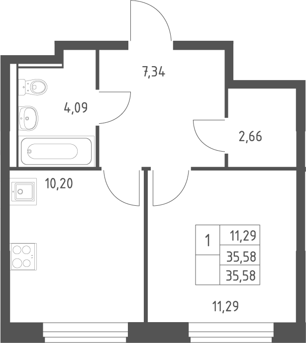 Планировка однокомнатная 35.58 м² в ЖК «Квартал Ивакино», корпус 5