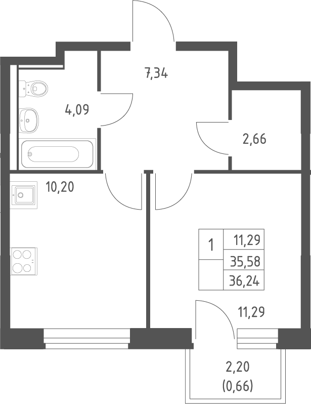 Планировка однокомнатная 36.24 м² в ЖК «Квартал Ивакино», корпус 5