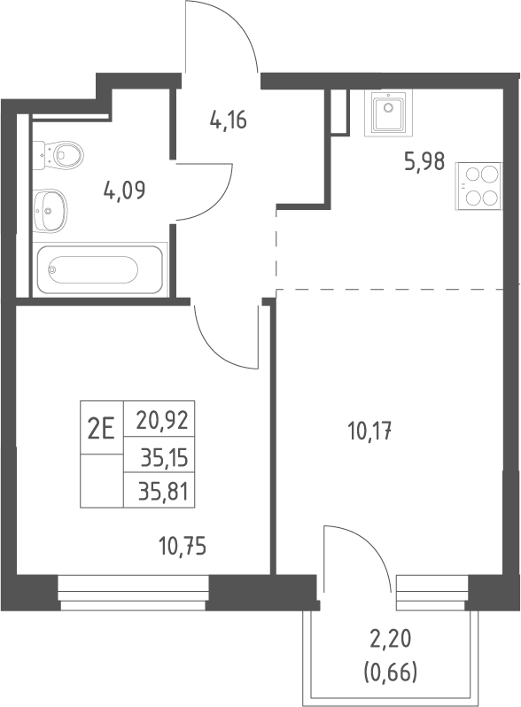 Планировка евродвушка (2Е) 35.81 м² в ЖК «Квартал Ивакино», корпус 5