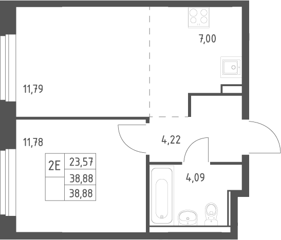 Планировка евродвушка (2Е) 38.88 м² в ЖК «Квартал Ивакино», корпус 5