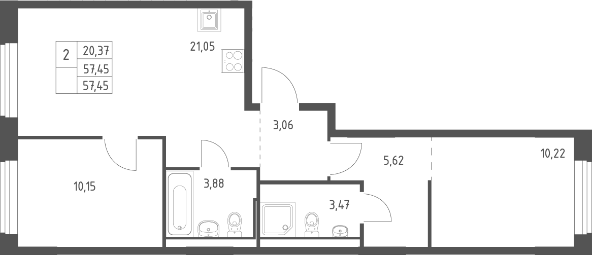 Планировка евротрёшка (3Е) 57.45 м² в ЖК «Квартал Ивакино», корпус 5