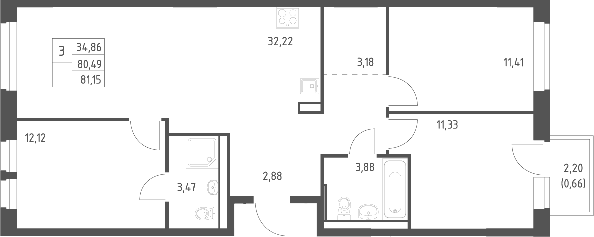 Планировка евро-4 (4Е) 81.15 м² в ЖК «Квартал Ивакино», корпус 5
