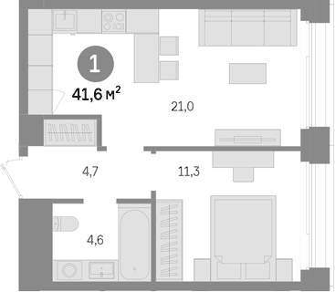 Планировка однокомнатная 41.6 м² в ЖК «Квартал Издание», корпус 1