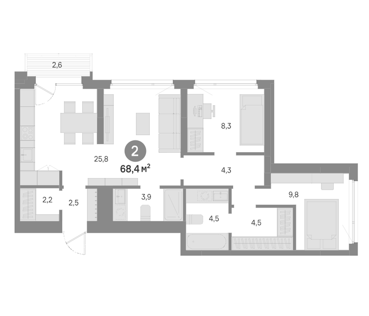 Планировка двухкомнатная 68.4 м² в ЖК «Квартал Издание», корпус 4
