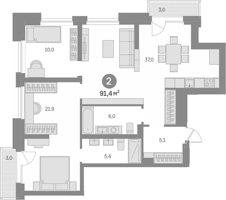 Планировка двухкомнатная 91.4 м² в ЖК «Квартал Издание», корпус 5