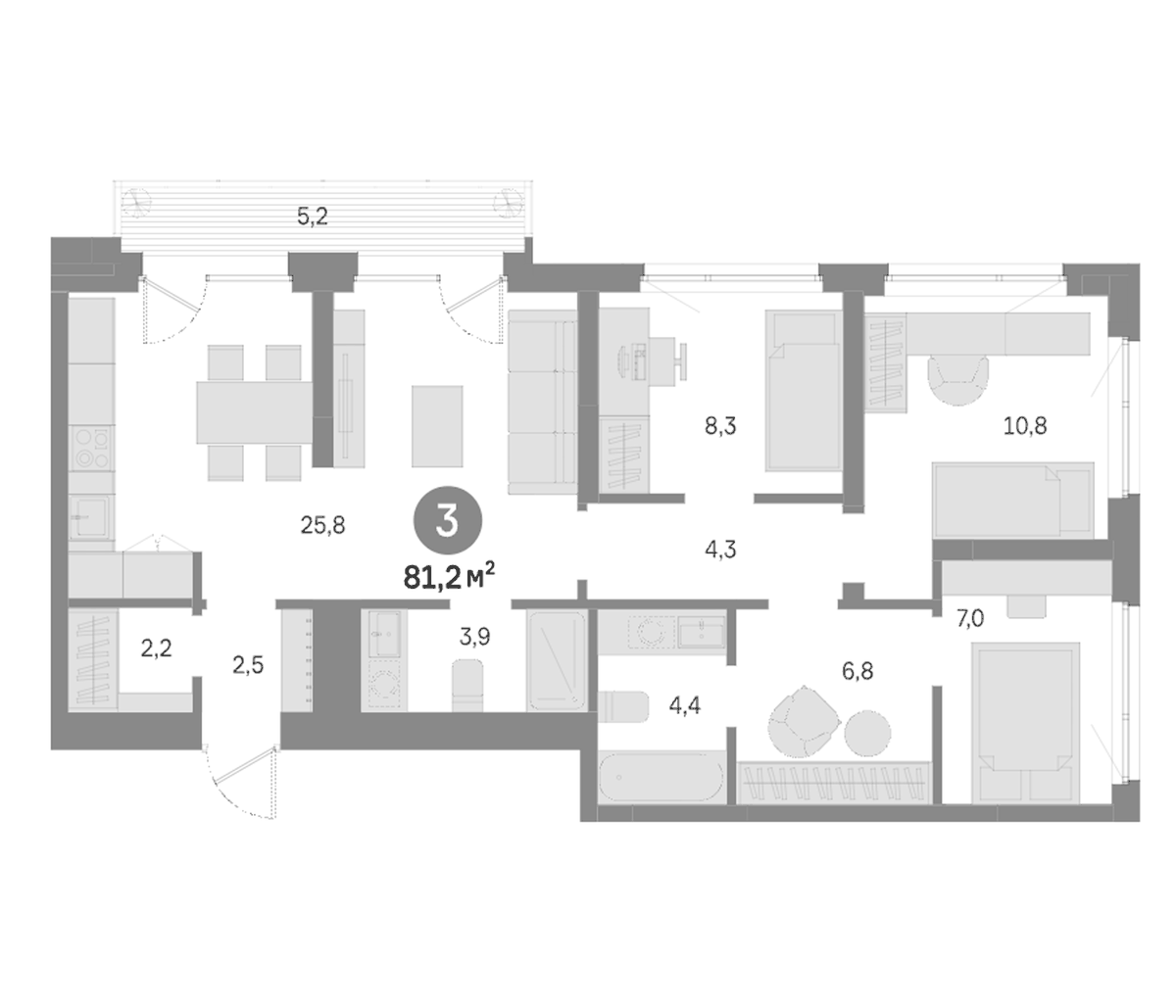 Планировка трёхкомнатная 81.1 м² в ЖК «Квартал Издание», корпус 4