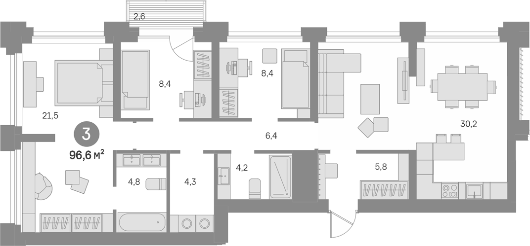 Планировка трёхкомнатная 96.6 м² в ЖК «Квартал Издание», корпус 5