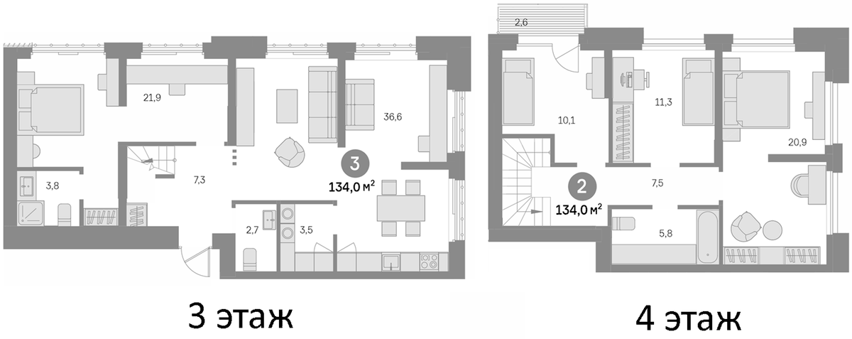 Планировка четырёхкомнатная 134 м² в ЖК «Квартал Издание», корпус 4