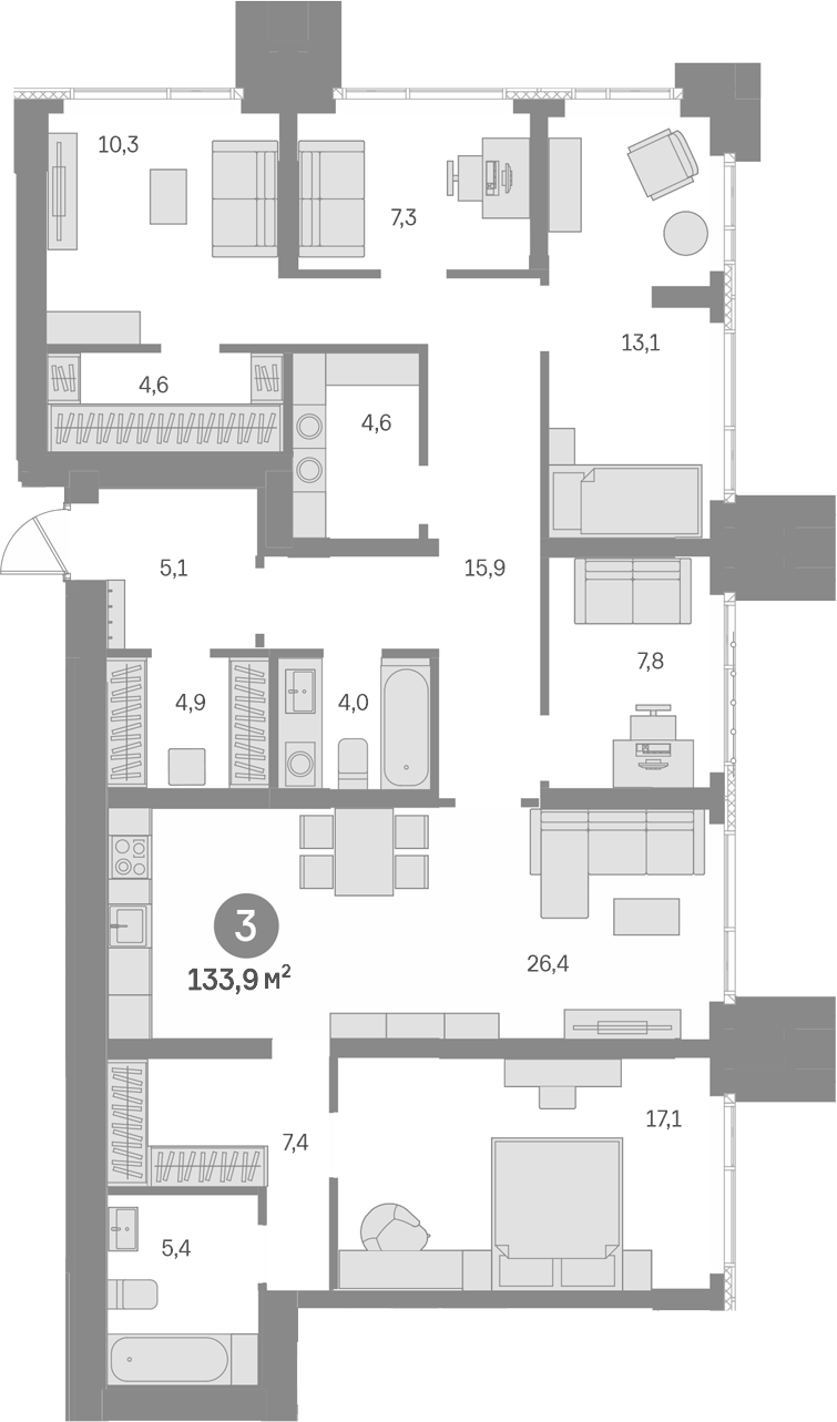 Планировка пятикомнатная 133.9 м² в ЖК «Квартал Издание», корпус 4